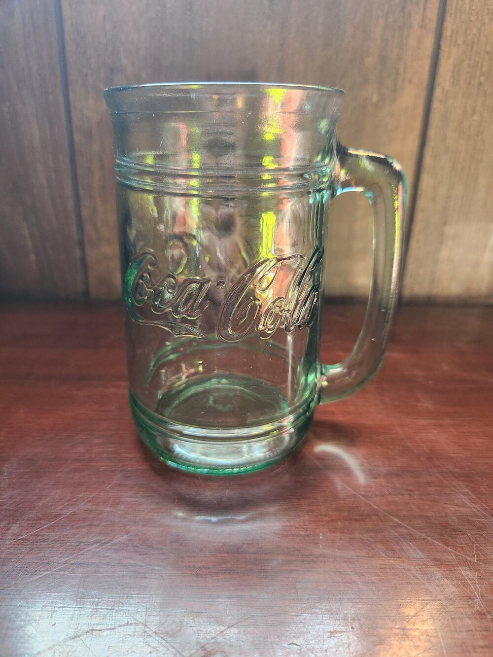 Vintage Coca-Cola Embossed Green Glass Mug with Handle Mason Jar Style